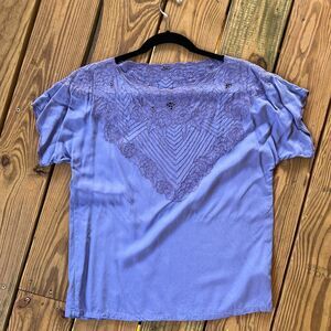 Vintage 1980s Silky Line Purple Embroidered Top Blouse - Rayon - Women's Small